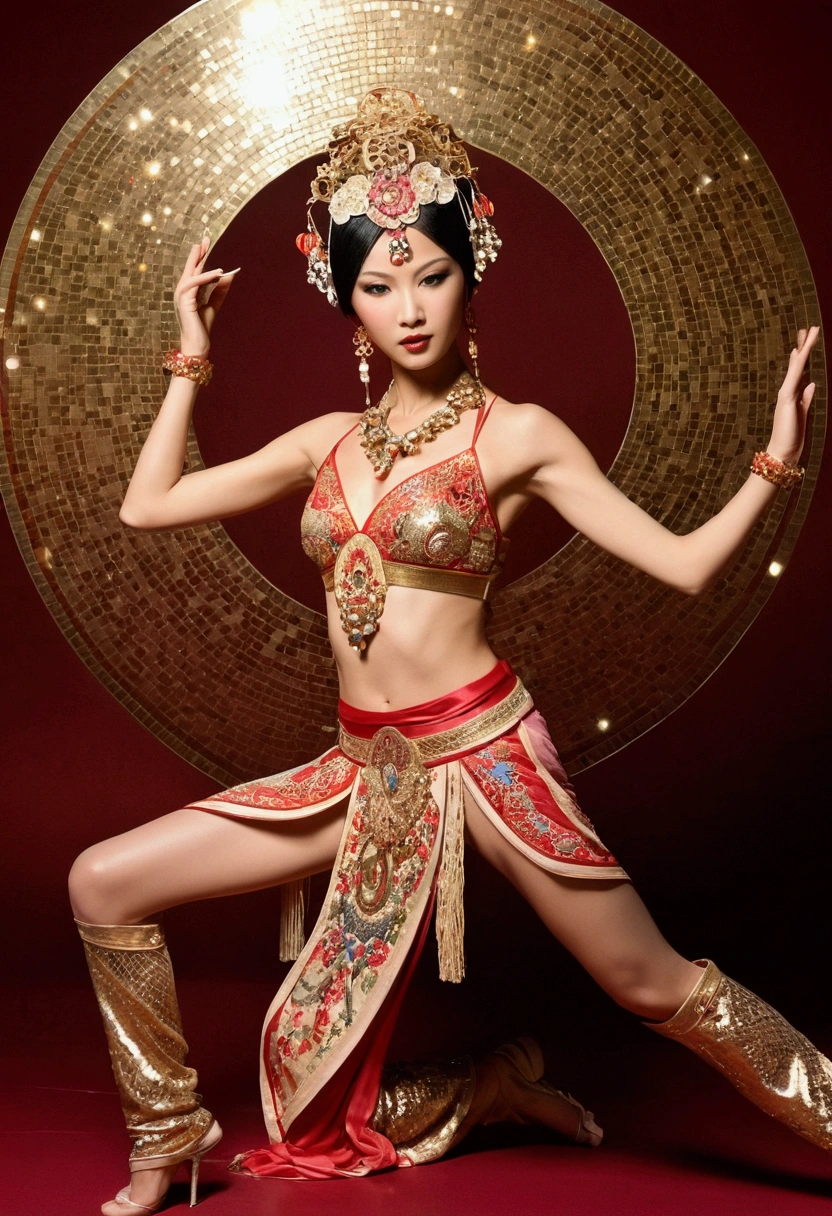 A naked woman from the Qing Dynasty has rather large breasts and her buttocks are sticking out, as seen from her profile., The background is outside the Qing Dynasty Palace