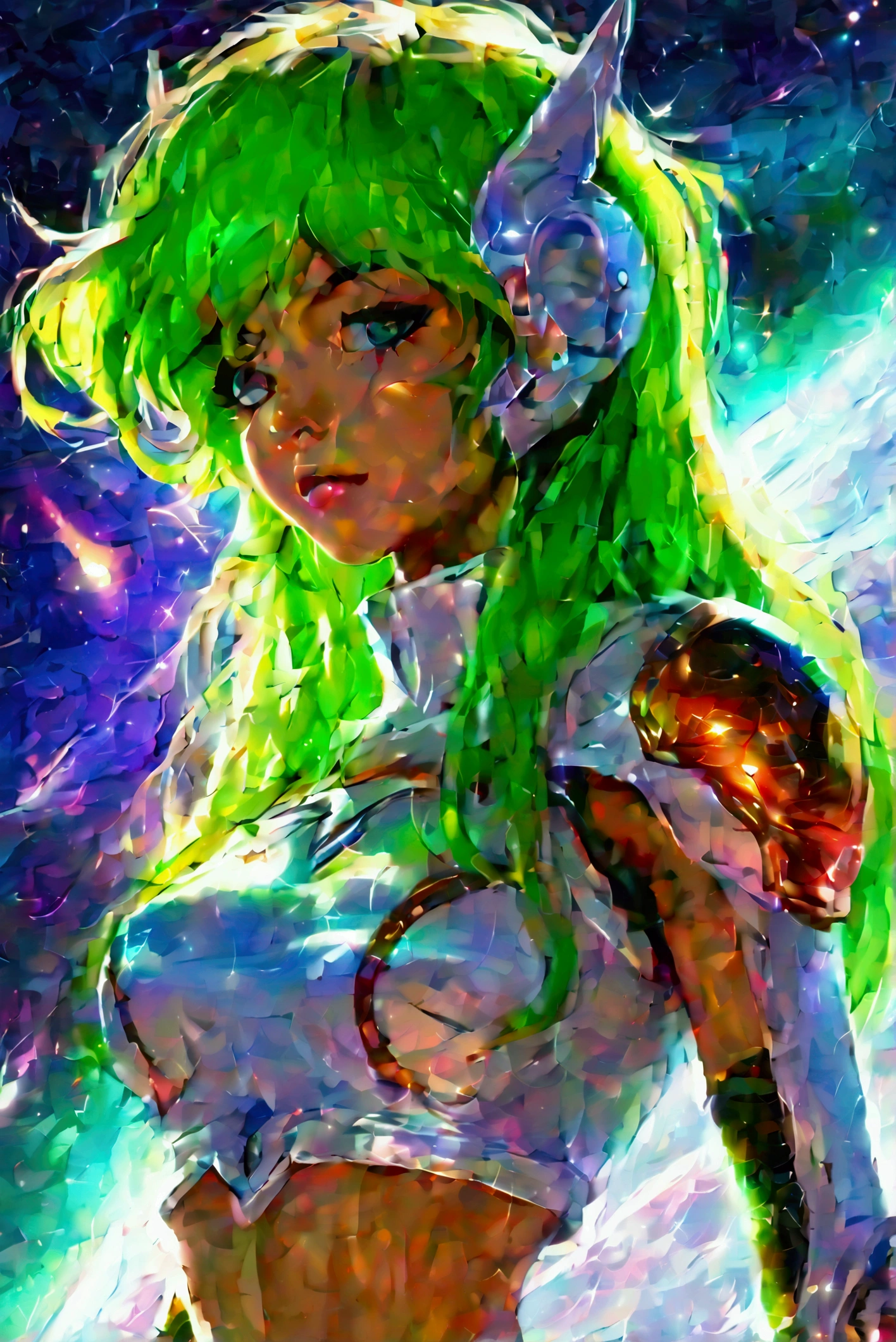 ::web comic:: a full-length close-up of a cartoon woman with green hair,big boobies , girl of the zodiac knights, portrait girl of the zodiac knights, portrait anime space cadet girl, girl in space, queen of the galaxy, goddess of the galaxies, cosmic girl,small sweatshirt shorts, and small shirt, saiyan girl, molly space, on a galaxy-looking background, intergalactic princess, android heroine, cyborg goddess in cosmos, on top of a meteor.
