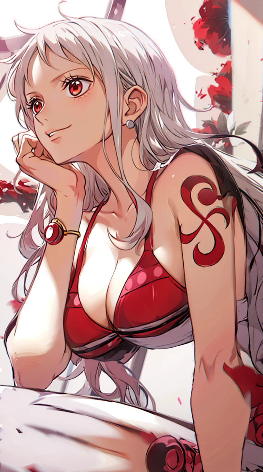 nami one piece, ninja, long white hair, slanted red eyes