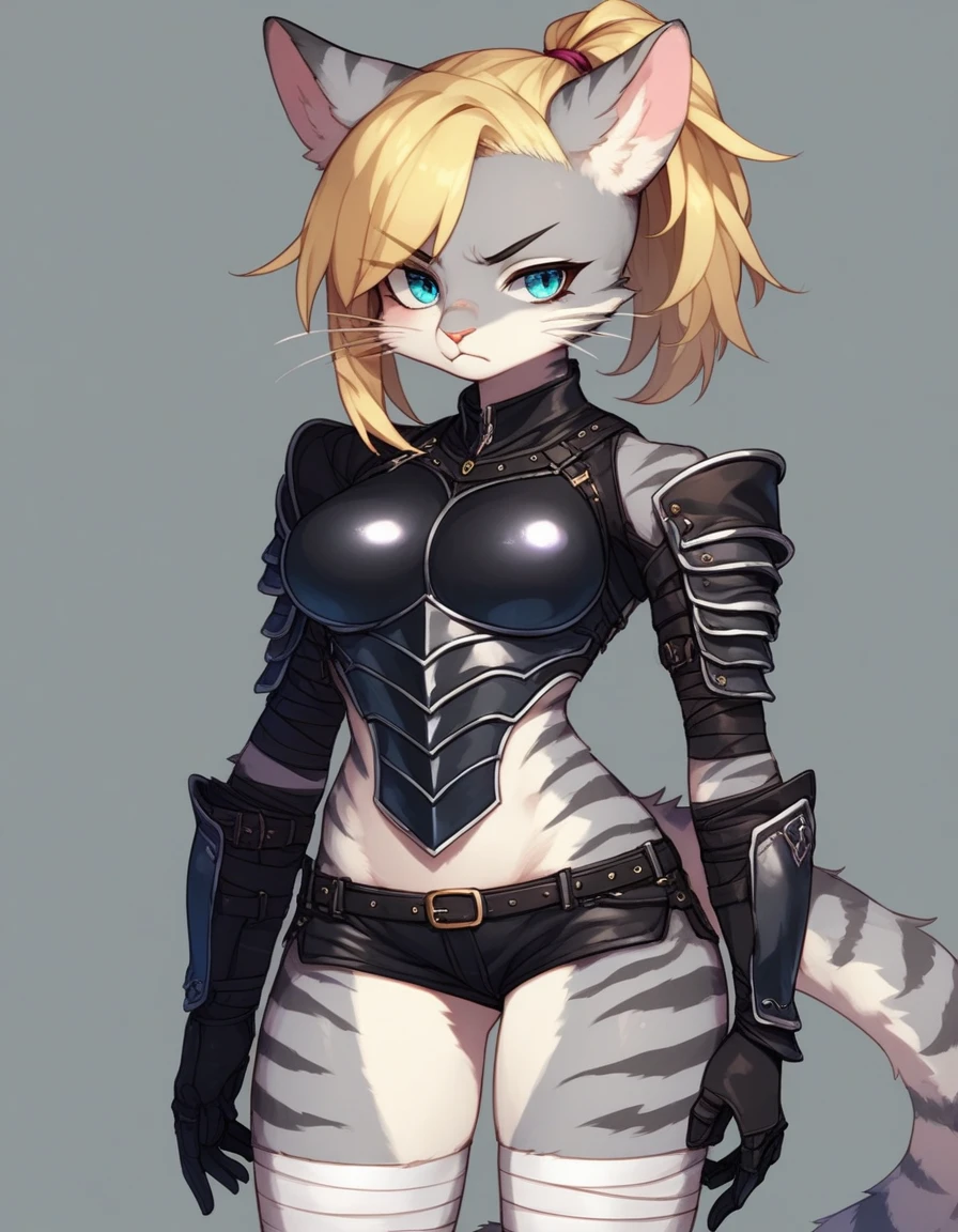 score_9,score_8_up,score_7_up, kemono style, source_cartoon, kat, Anthro furry feline, female, tall slender body, blonde, long undercut hair, long bangs, one side of head shaven, pink nose, blues eyes, furrowed eyebrows, mouth open, white whiskers, hourglass figure, silver fur, grey stripes, furry body, simple background, grumpy, wearing black leather rogues armor, short shorts, bandaged legs and arms