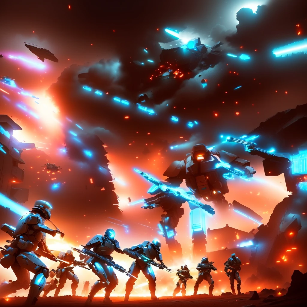 a group of soldiers in a battle with a giant robot in the background, soldiers and mech fight, futuristic battlefield, battletech style, battletech, mech machines firing bullets, war mechs fighting, epic sci fi battle, massive battlefront, fps game concept art, detailed sci-fi art, sci fi epic digital art, sci fi artwork, sci-fi artwork
