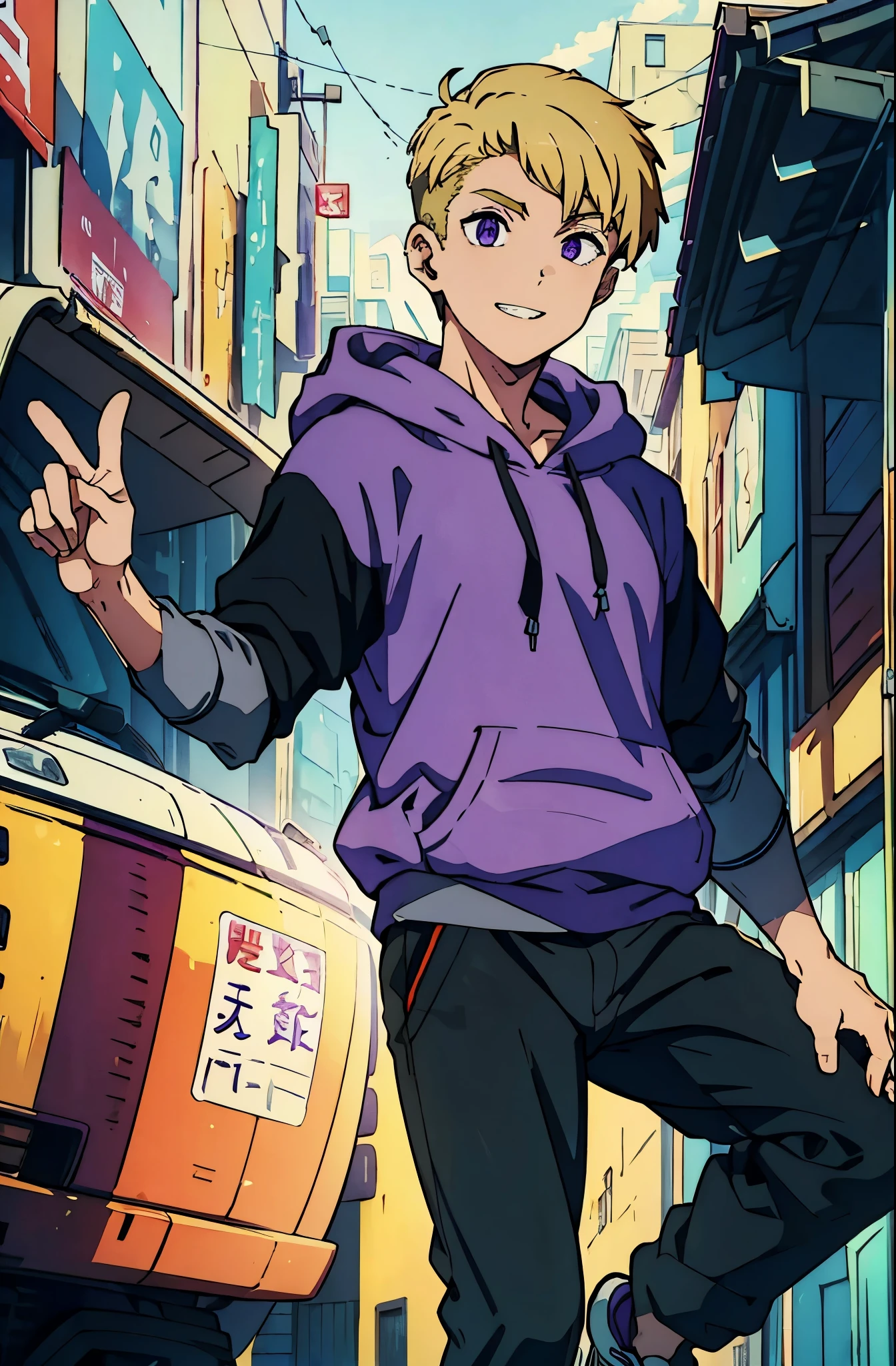 8k, original, (((1boy, solo))), teenager, illustration, mix, (single object), hd, absurdres, lora ((mappa studio style)), anime style, 2d, celshade style, digital art, (short hair), (((undercut hairstyle))), side-trimmed hair, (blonde hair), ((dark purple short sleeves hoodie)), black long pants, red sneakers, wide smile, teeth, suburban, hand folded pose, low angle, mid day