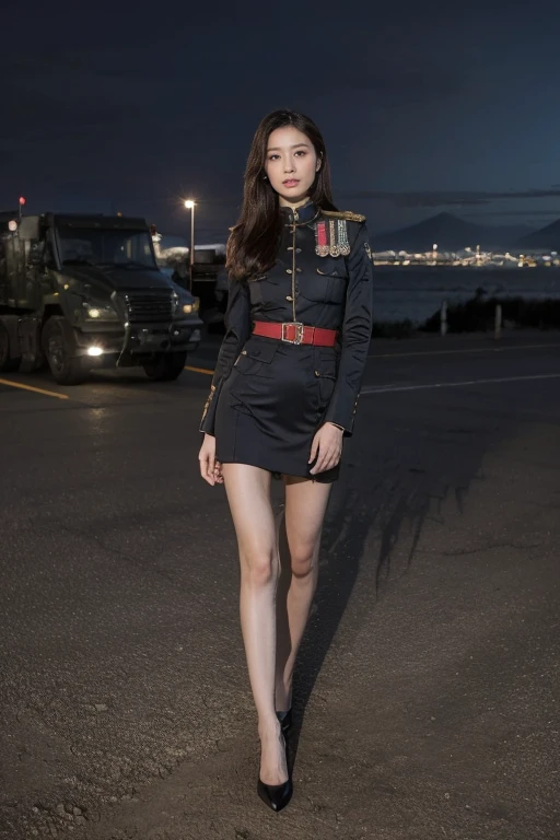 masterpiece, best quality, Spectacular night view,1 Woman,Full body portrait,Beautiful eyed girl,Detailed military uniform,Long slender legs,military vehicle,