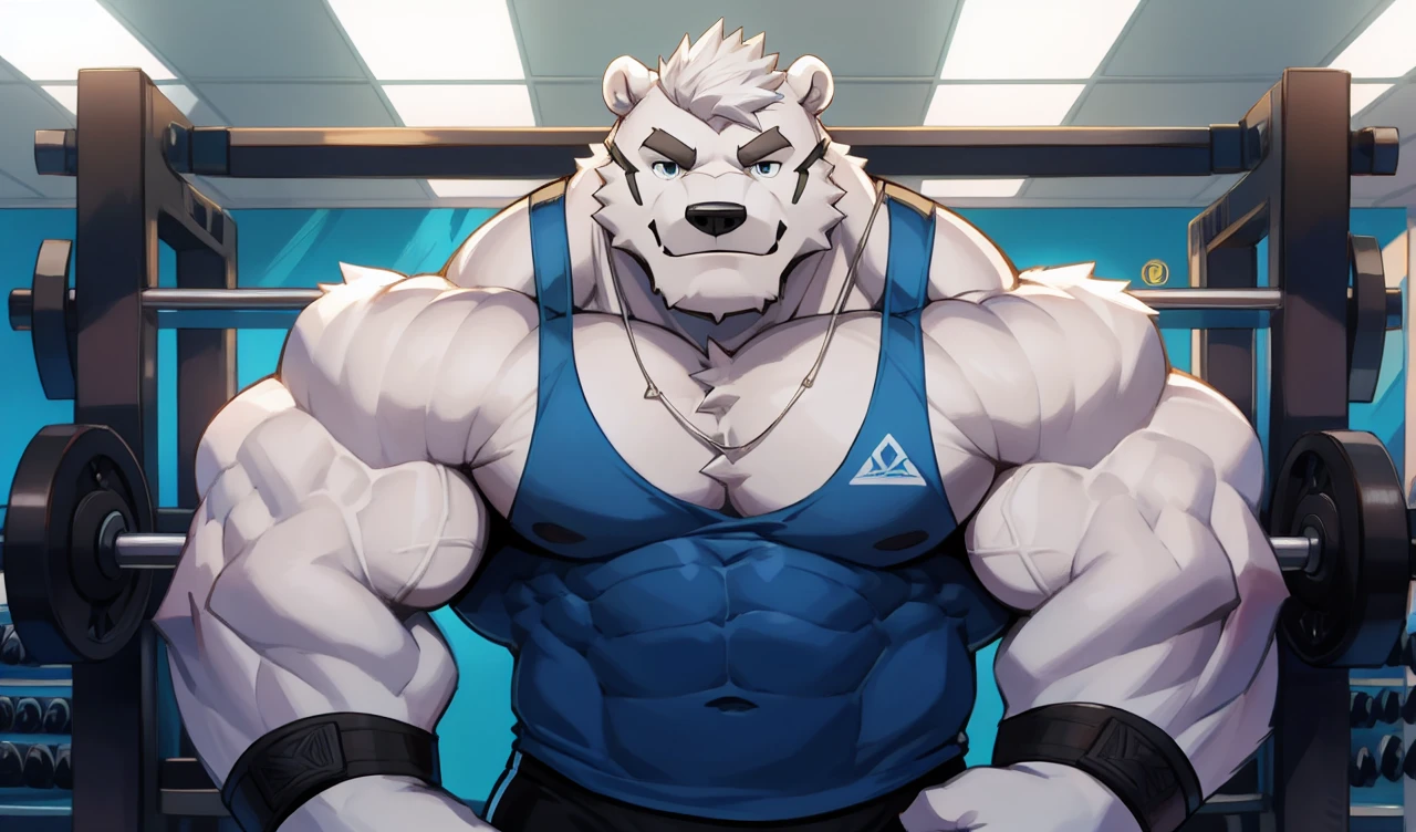 Brock Ólafsson The Huge Muscled Polar Bear, with White Hair, Blue Tank Top, Black Wristbands and Black Gym Shorts, Flexing His Thorax.