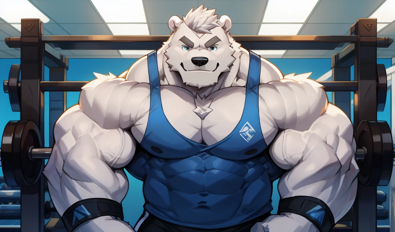 Brock Ólafsson The Huge Muscled Polar Bear, with White Hair, Blue Tank Top, Black Wristbands and Black Gym Shorts, Flexing His Thorax.