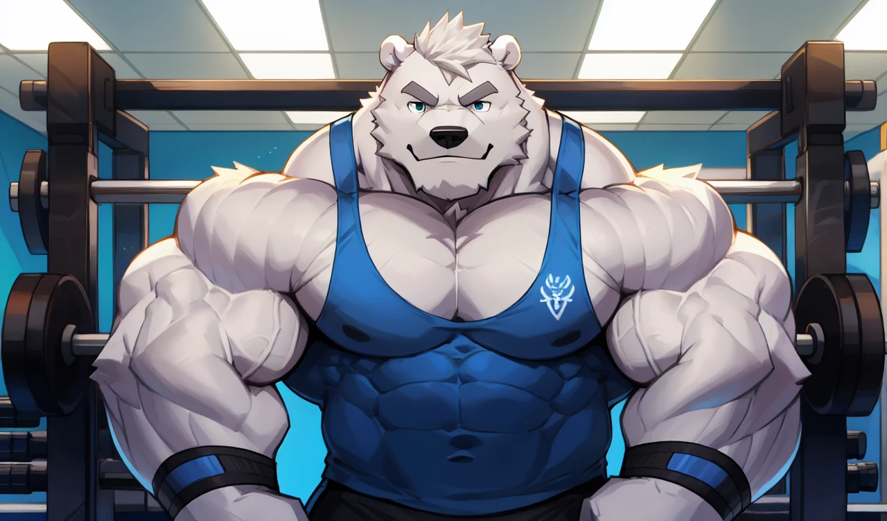 Brock Ólafsson The Huge Muscled Polar Bear, with White Hair, Blue Tank Top, Black Wristbands and Black Gym Shorts, Flexing His Thorax.