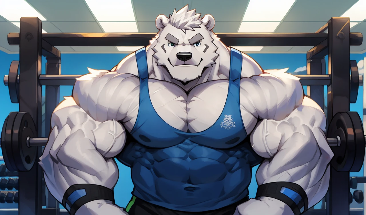 Brock Ólafsson The Huge Muscled Polar Bear, with White Hair, Blue Tank Top, Black Wristbands and Black Gym Shorts, Flexing His Thorax.