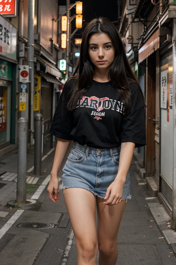 can you make a young 21 year-old italian girl with dark hair walking thru the streets of Tokyo