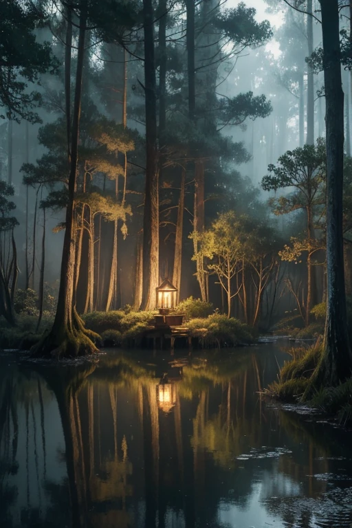 A serene swamp at dusk, (1girl:1.2) sleeping peacefully amidst the calm waters, surrounded by gnarled cypress trees draped in spanish moss, fireflies glowing softly in the air, (cinematic,dramatic lighting,muted colors,moody,atmospheric:1.2), (detailed environment,highly detailed,intricate details:1.3), (best quality,8k,masterpiece:1.2),ultra-detailed,(realistic,photorealistic,photo-realistic:1.37), digital art, traditional painting