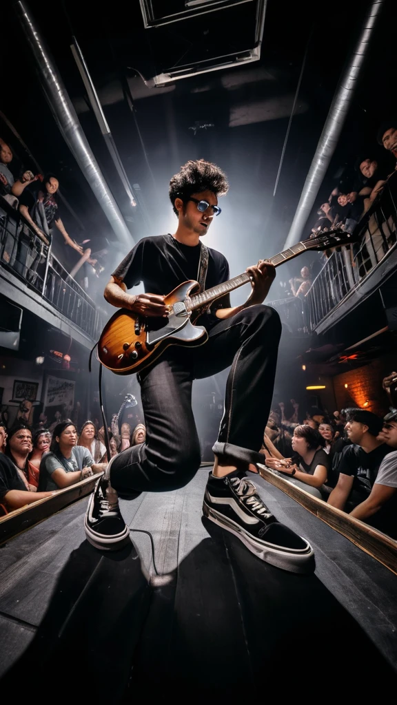 arafed image of a man playing a guitar in a concert, playing guitar onstage, shot with canon eoa 6 d mark ii, concert photography, rocking out, guitar solo, album art, photo taken in 2 0 2 0, guitarist, live concert photography, badass composition, fanart, by Eddie Mendoza, holding electric guitars, wide angle dynamic action shot, stage photography
