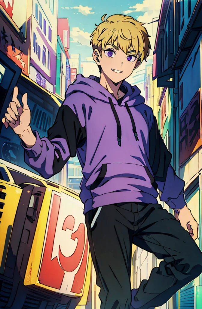 8k, original, (((1boy, solo))), teenager, illustration, mix, (single object), hd, absurdres, lora ((mappa studio style)), anime style, 2d, celshade style, digital art, (short hair), (((undercut hairstyle))), side-trimmed hair, (blonde hair), ((dark purple hoodie, black long sleeves )), black long pants, red sneakers, wide smile, teeth, suburban, hand folded pose, low angle, mid day