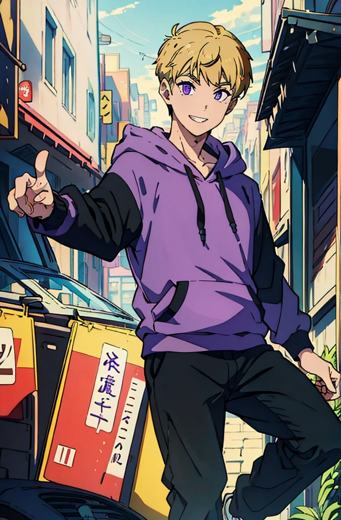 8k, original, (((1boy, solo))), teenager, illustration, mix, (single object), hd, absurdres, lora ((mappa studio style)), anime style, 2d, celshade style, digital art, (short hair), (((undercut hairstyle))), side-trimmed hair, (blonde hair), ((dark purple hoodie, black long sleeves )), black long pants, red sneakers, wide smile, teeth, suburban, hand folded pose, low angle, mid day