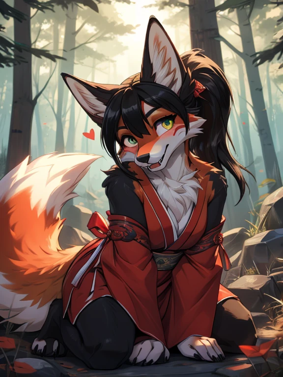 Red vixen girl antro, smile, friendly smile, heart, furry, yellow eyes, long hair, red hair, beautiful hair, beautiful, sexy, long foxy snout, add high definition_detail:1, red fur, kitsune ears, tribal tattoo add_detail:1, sexy yukata, wearing yukata, thigh highs, sensual pose, side view, crouching, in a forest, night, elegant