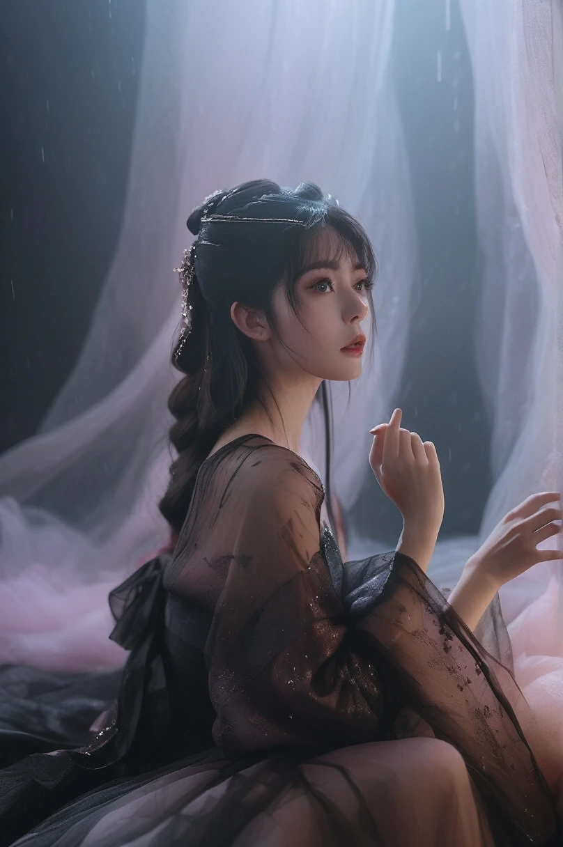 Ultra high quality, 8K, Super detailed, Dark Fantasy Art Film Photos, girl in tulle skirt,eye contact, dark, moody, dark fantasy style, beautiful lights, great composition