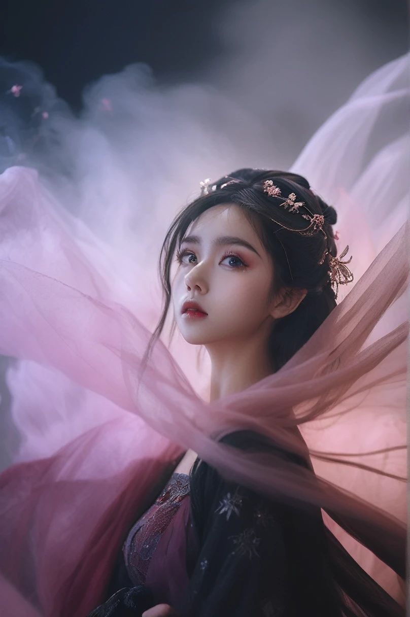 Ultra high quality, 8K, Super detailed, Dark Fantasy Art Film Photos, girl in tulle skirt,eye contact, dark, moody, dark fantasy style, beautiful lights, great composition