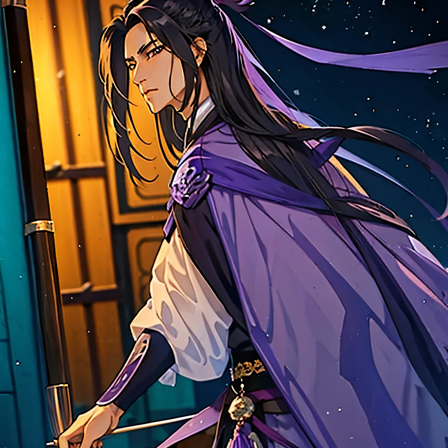 (masterpiece, best quality:1.2), 1male, solo, jiang cheng, mo dao zu shi, mdzs, purple and black clothes, purple eyes, long black hair, perfect anatomy