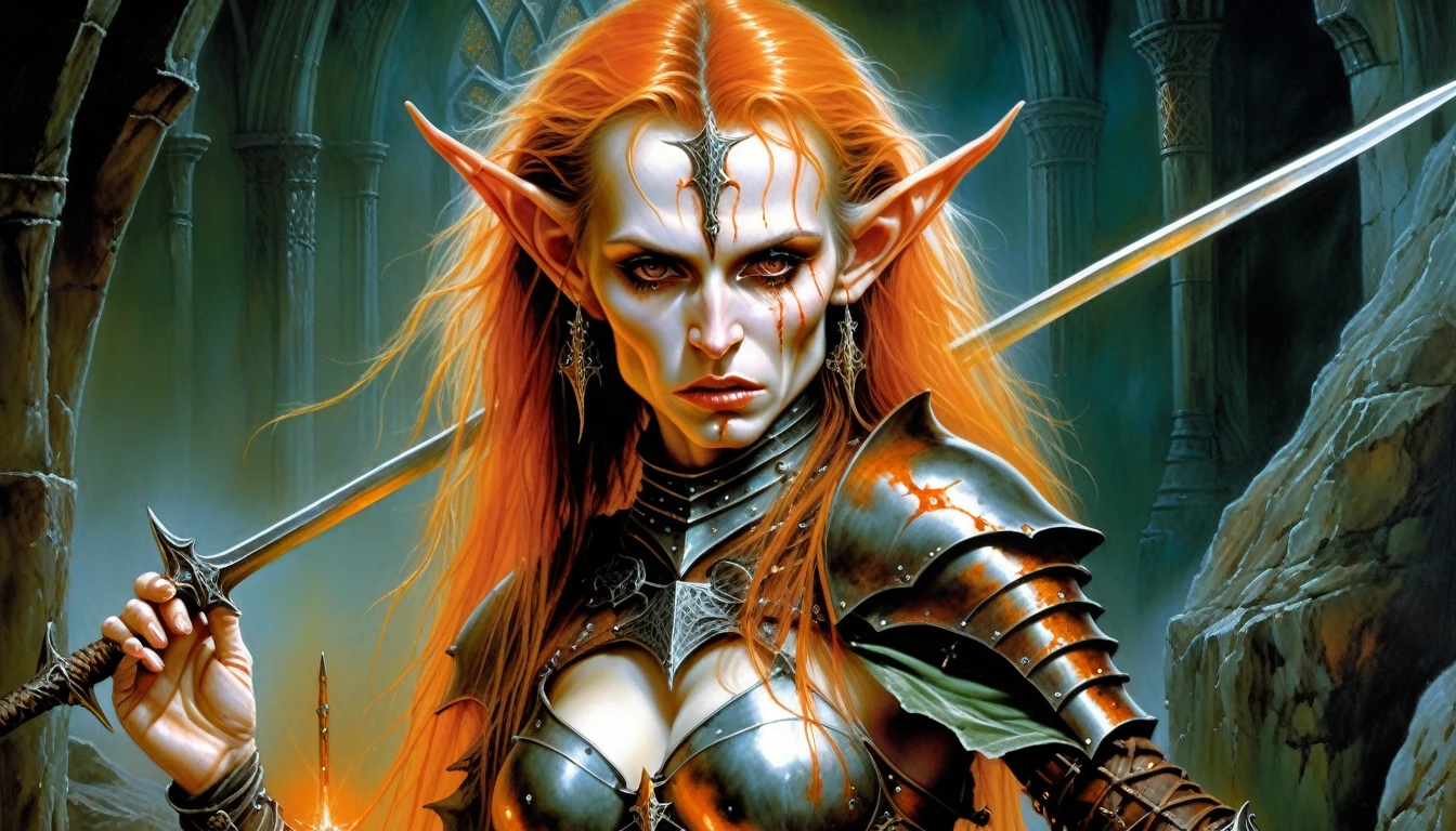 Highly detailed, UHD, 32k, medieval fantasy,heavy metal magazine cover, oil on canvas, luis royo style. An elderly female elf heroin wounded, agonizing face, she is clad in an armor made out of a blackish metal with an orange glint, and she is holding a spear made out of a blackish metal with an orange glint