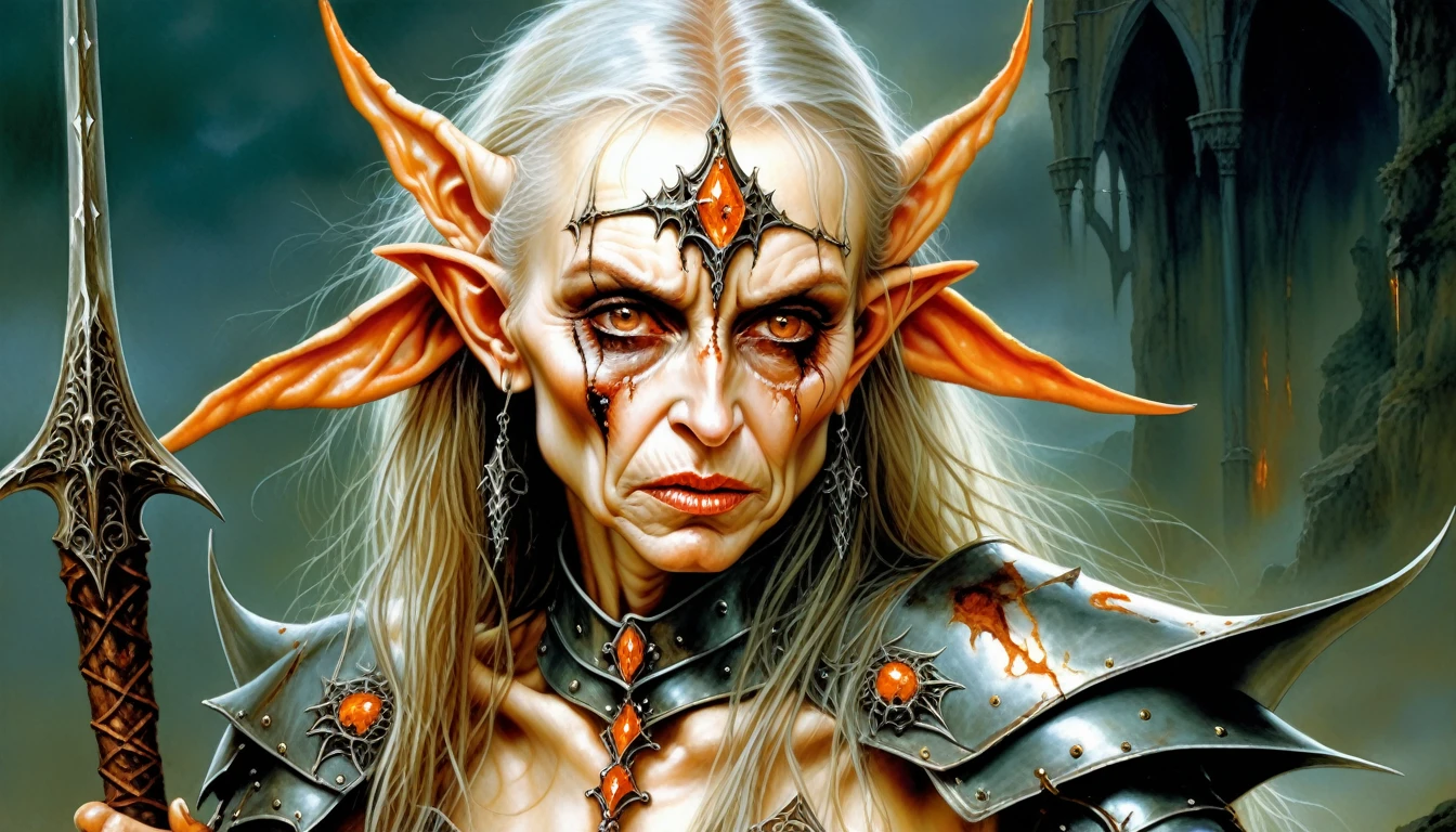 Highly detailed, UHD, 32k, medieval fantasy,heavy metal magazine cover, oil on canvas, luis royo style. An elderly female elf heroin wounded, agonizing face, she is clad in an armor made out of a blackish metal with an orange glint, and she is holding a spear made out of a blackish metal with an orange glint