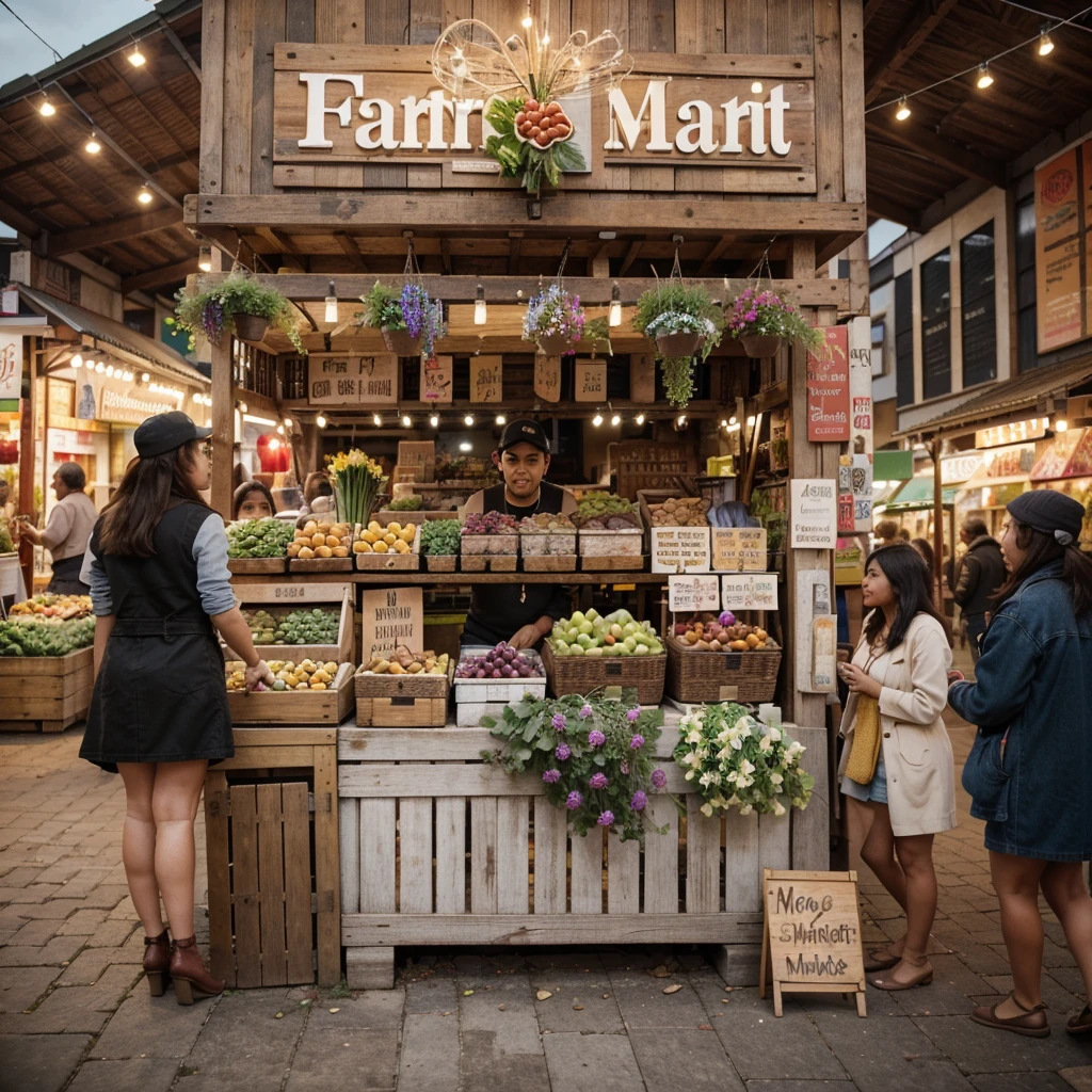 "Create a high-resolution, professional-quality image of a vibrant farmers' market in the heart of a bustling city. The scene should capture a variety of colorful fresh produce displayed on wooden stalls, including fruits, vegetables, flowers, and handmade goods. Include diverse groups of people browsing, shopping, and interacting with friendly vendors. The market should have a lively and energetic atmosphere, with string lights overhead and rustic signs indicating different stalls. The background should feature urban elements like modern buildings and street art, blending the charm of the market with the cityscape. Ensure the composition is dynamic and the colors are vivid, evoking a sense of community, local culture, and healthy living. This image should appeal to themes related to food, lifestyle, and urban living on stock photography platforms."