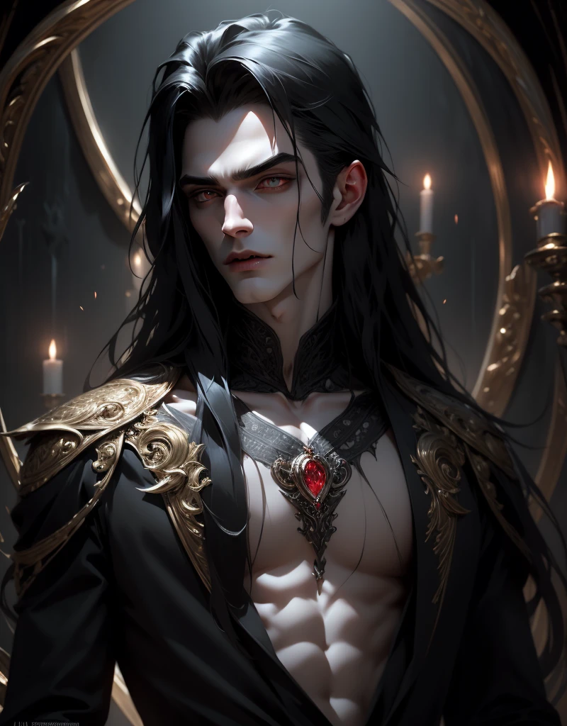 {anatomy}(Masterpiece - Ultra-detailed, very high resolution) Prepare to be enchanted by a true masterpiece that combines ultra-detailed art with high-resolution rendering. This work portrays a vampire man with long black hair (1.3) and captivating golden eyes (1.2), emanating an aura of mystery in decadent settings. The intricate details and realistic textures invite you to explore every aspect of this enchanting composition. Vampire man wearing black. Serious expressions. Pale skin like a vampire.