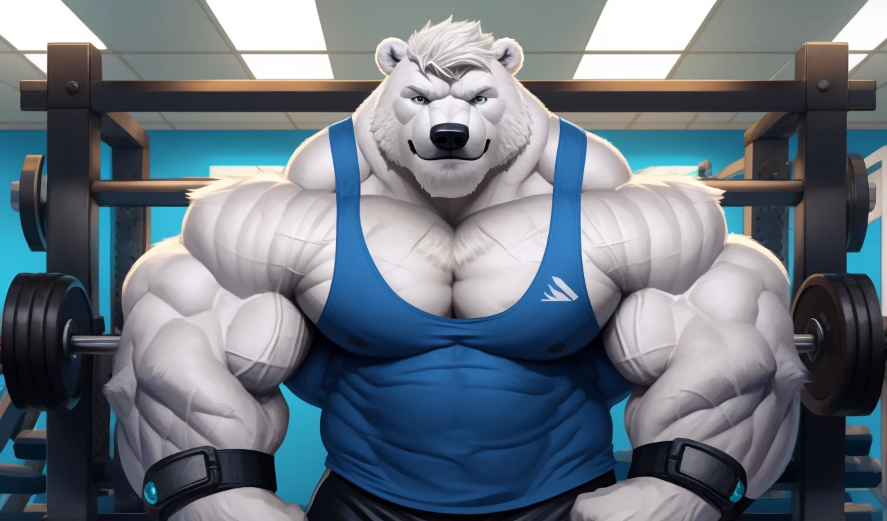 Brock Ólafsson The Huge Muscled Polar Bear, with White Hair, Blue Tank Top, Black Wristbands and Black Gym Shorts, Flexing His Thorax.