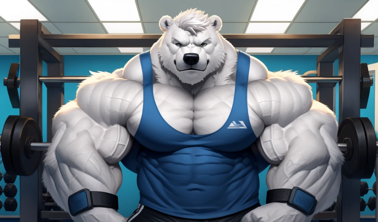 Brock Ólafsson The Huge Muscled Polar Bear, with White Hair, Blue Tank Top, Black Wristbands and Black Gym Shorts, Flexing His Thorax.