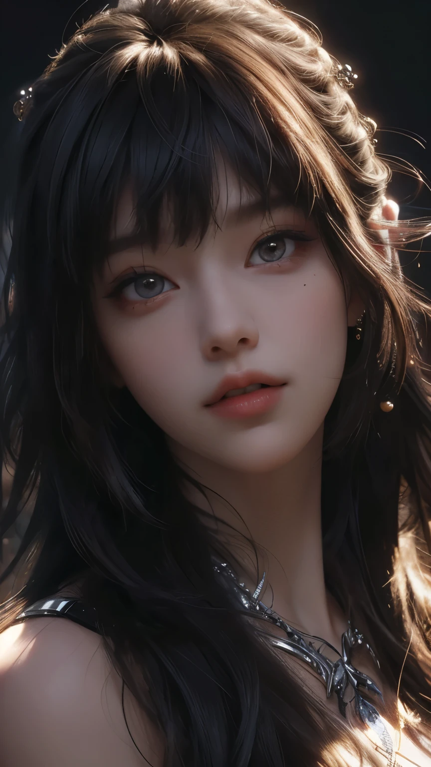 masterpiece, best quality, ultra-detailed, facing the camera head on, intricately detailed hyperdetailed, realistic, sharp features, highly detailed, sharp focus, perfect face, perfect face, perfect symmetrically perfect eyes, perfect full lips, flexible female form, cinematic, film light, hyper detailed, hyper realistic, dynamic studio lighting, nsfw, ((Dark background)), Sexy face, Facial expressions when receiving pleasure, straight Bangs,