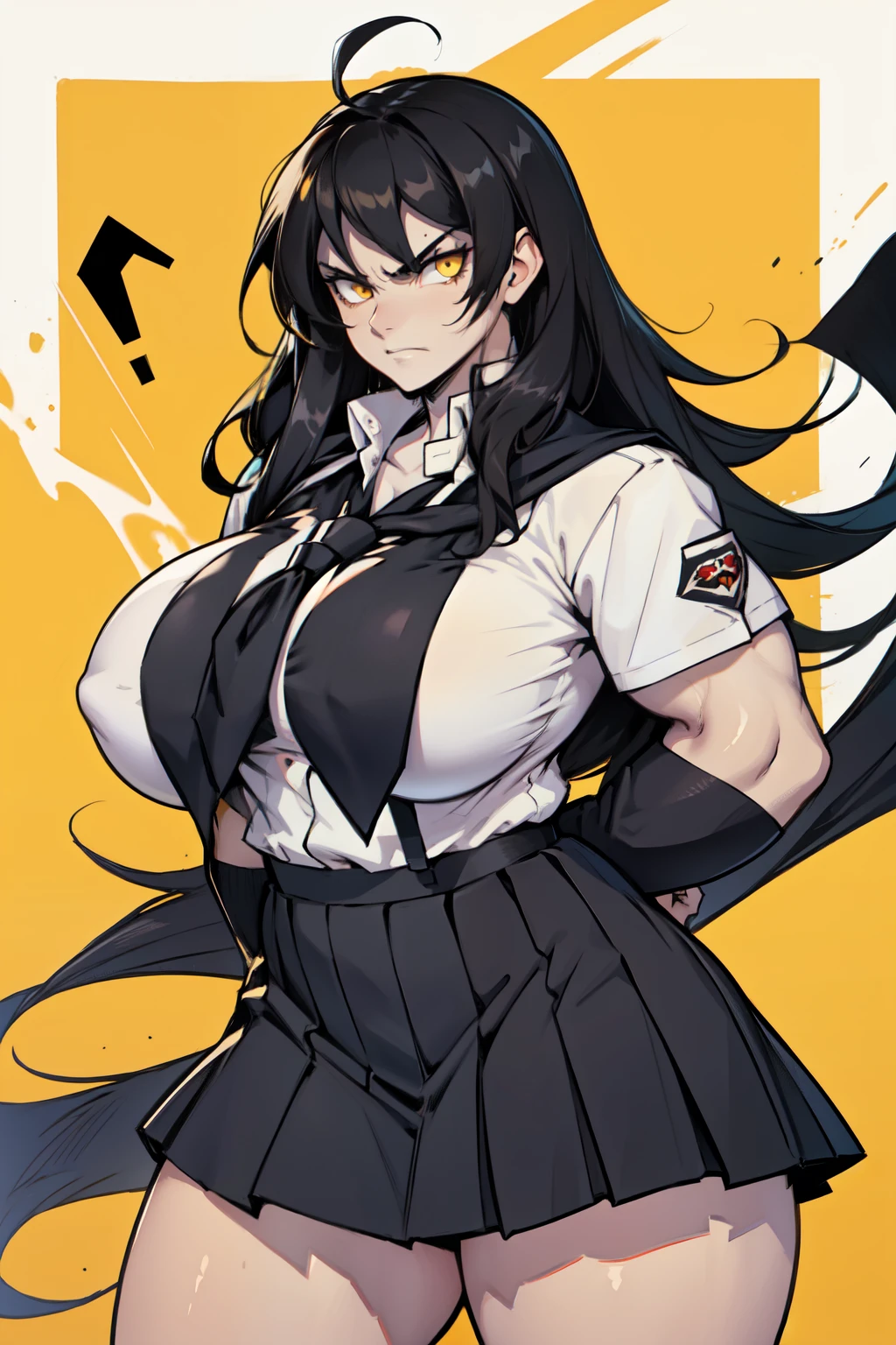 ((1girl)), black hair, extremely long hair, yellow eyes, ((muscular)), huge breasts, thick thighs, solo, angry, (pale skin), cowboy shot, (school uniform) (huge breasts)