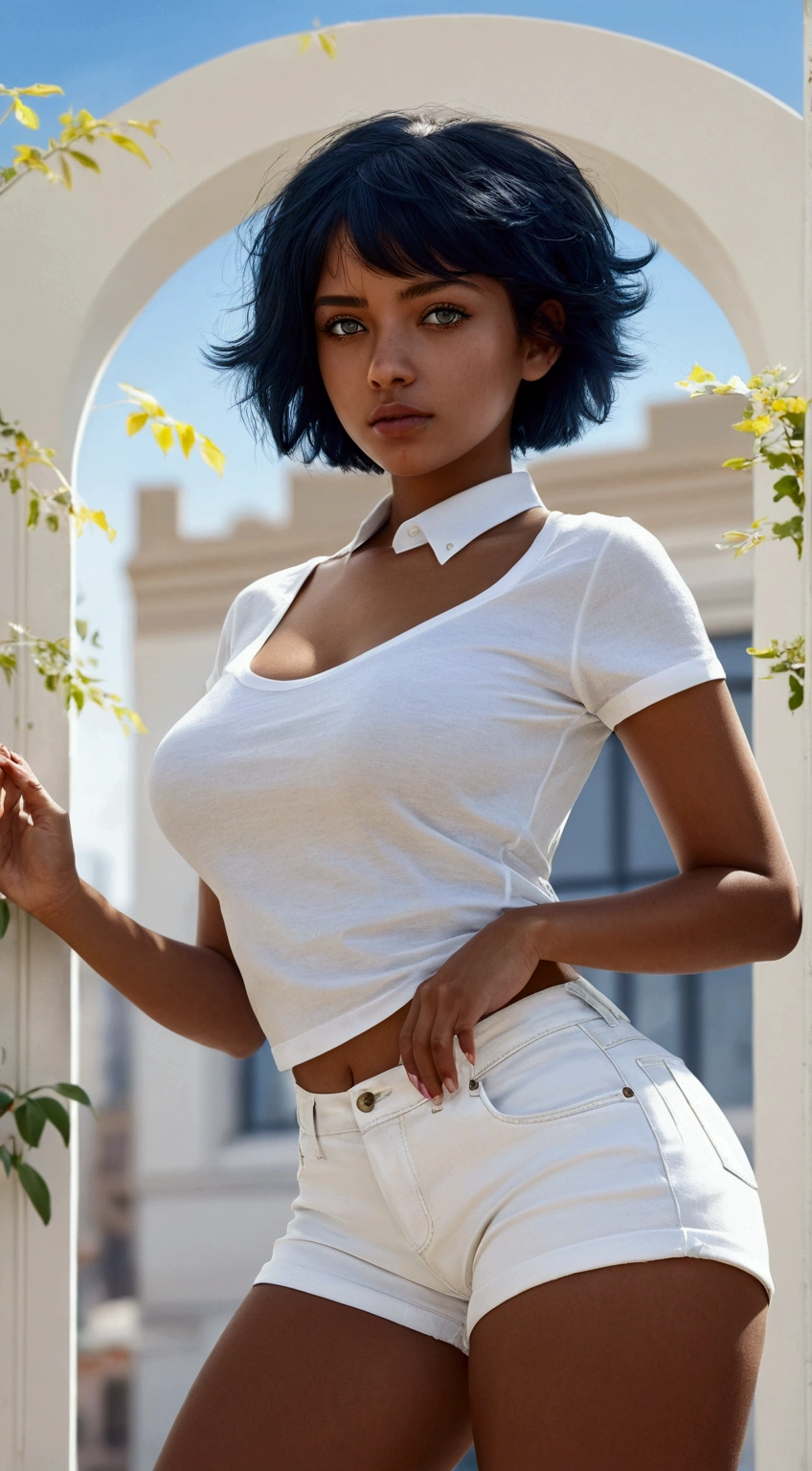 1 girl, short black hair, blue colored eyes, in plain white shirt, Shorts jeans, citys, absurdrez, high resolution, ultra sharp, 8K, work of art, gazing at viewer ((((( latina )))), (((( darkskin )))), gazing at viewer
