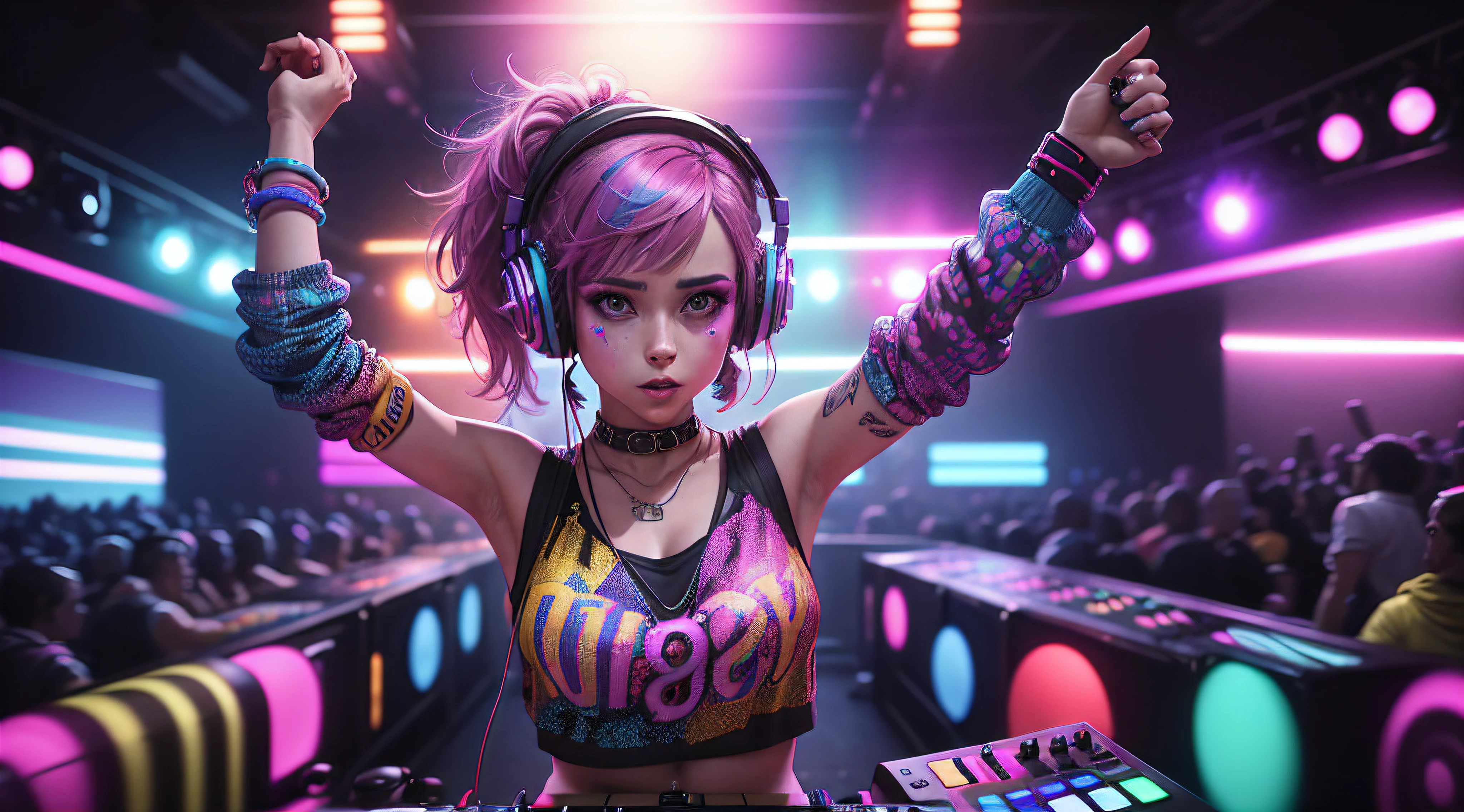 upper body, female dj, colorful clothes , quirky, vibrant appearance, playful accessories, creative behavior, imaginative, sensual, spontaneous, dj headphones, mixing console, music club, night club, indie theaters, people dancing on the dance floor background, underground danceclub, highest quality, skin texture, intricate details, (cinematic lighting), RAW photo, 8k