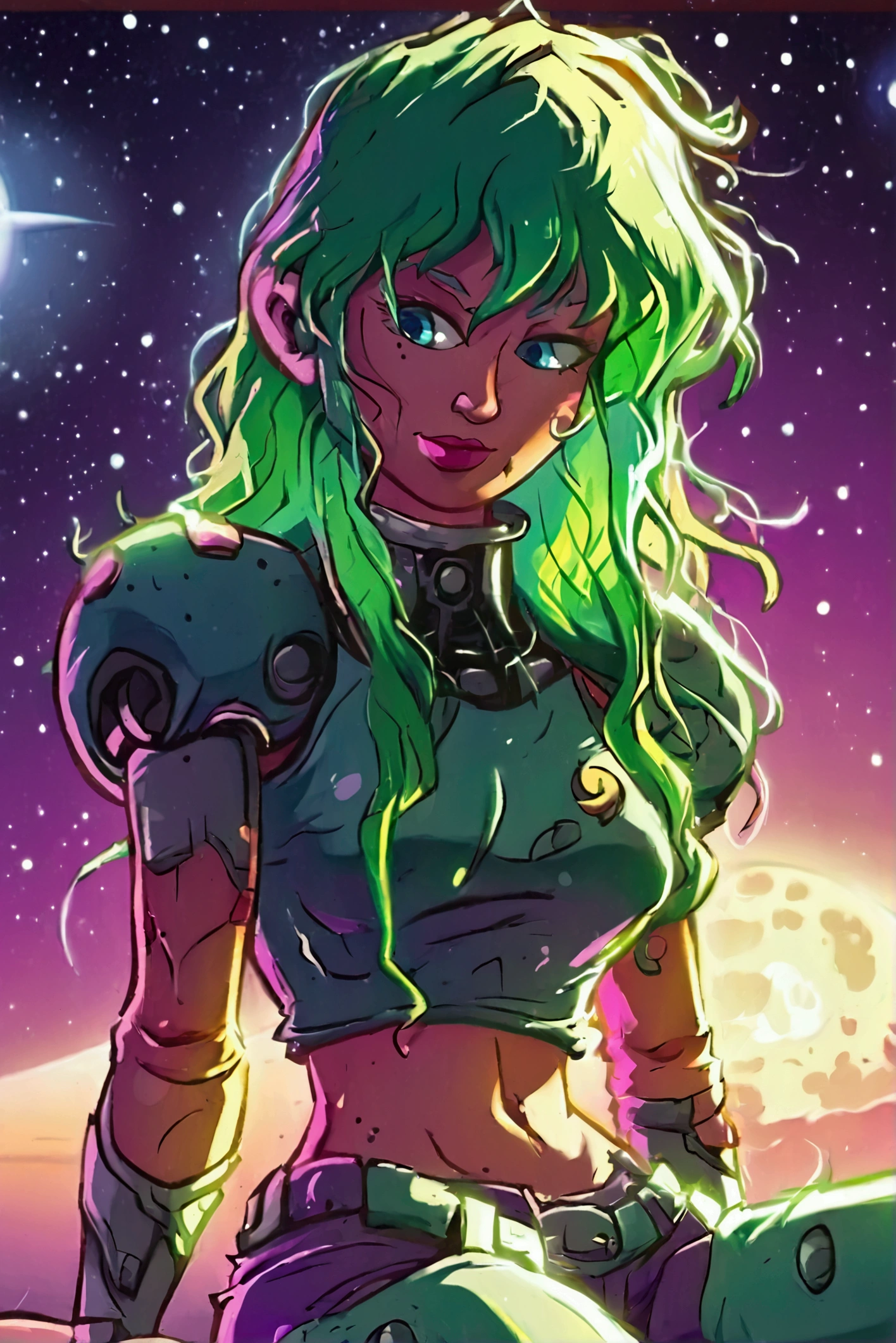 ::web comic:: a full-length close-up of a cartoon woman with green hair,big boobies , girl of the zodiac knights, portrait girl of the zodiac knights, portrait anime space cadet girl, girl in space, queen of the galaxy, goddess of the galaxies, cosmic girl,small sweatshirt shorts, and small shirt, saiyan girl, molly space, on a galaxy-looking background, intergalactic princess, android heroine, cyborg goddess in cosmos, sitting cross-legged on top of a meteor.