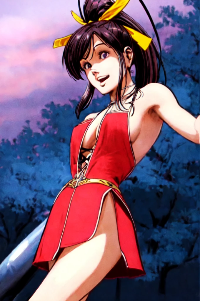 best quality, masterpiece, 1girl, (solo:1.1), raytracing, ultra detailed,detailed face, 8k wallpaper, wide hips, smile, HimejimaAkenoNDV, 1girl, black hair, large breasts, very long hair, purple eyes, red skirt, , shirt, corset, ponytail, hair ribbon, ribbon, outdoor, 