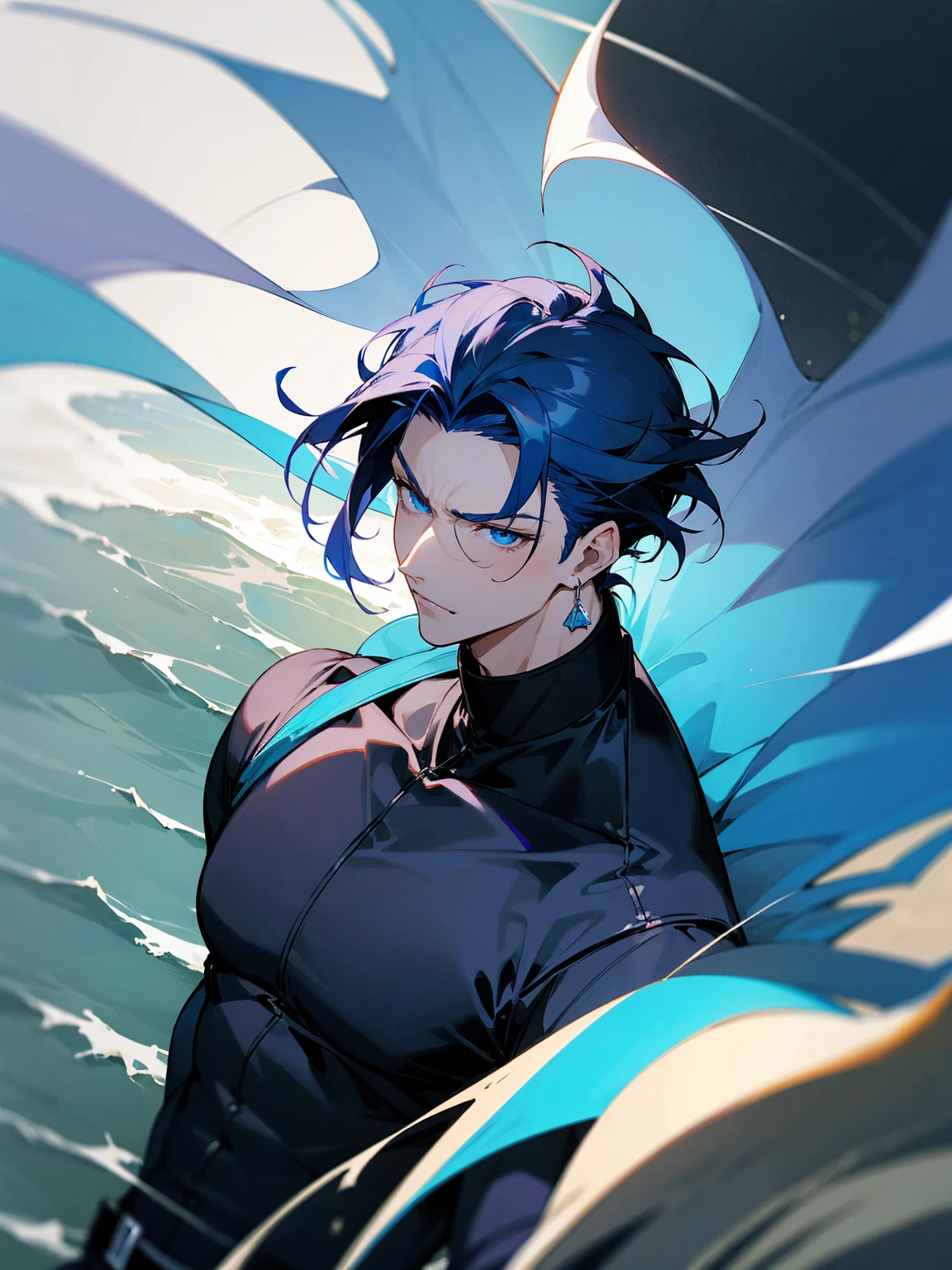 1male, dark blue hair, vergil hair, medium length hair, light blue eyes, blue Yukata, black turtle neck shirt, earrings, serious, beach, night time,