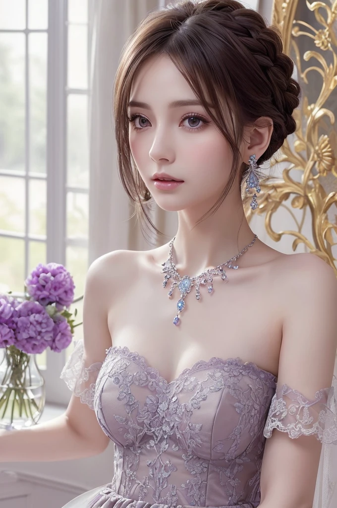 Dark Purple Lace Good, (((Very elegant and beautiful, Perfect detail, Very detailed))), whole body, The most detailed girl, Written boundary depth, 美しく詳細なwhole body, Thin legs, 1 Girl, 30 years old, Very short hair, Spiked Hair, Gray and silver hair, Beautiful detailed hair, Perfect Face, Expressionless, Beautiful, detailed, deep eyes, Please open your mouth a little, Delicate arms and hands, Pale skin, Earrings, Beautiful and gorgeous necklace, Colorful background, HD background, Blurred Background, Very delicate and beautiful, masterpiece, (((Highest quality, Very beautiful 8K CG wallpaper))), (((Trendy hairstyles))), (Inside the room,Stylish interior,window),