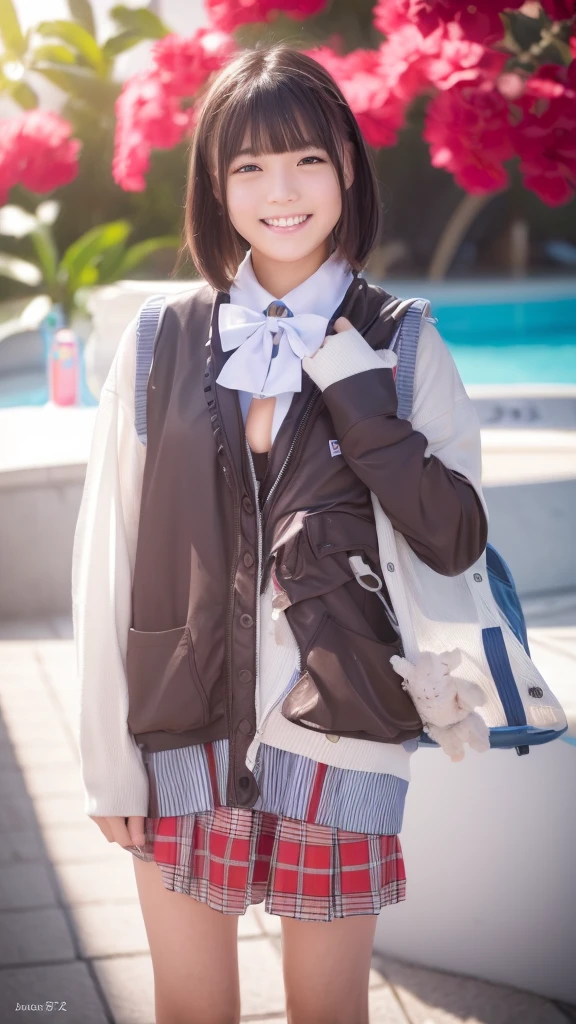 (One Girl:1.3), short hair, Japanese junior high school students, 14 years old,Great face and eyes, Looking into the camera, A joyful smile、Showing teeth、(Spread your legs立つ),(Swimwear:1.2), Ultra high leg,(Highest quality:1.4), Very detailed CG 統合 8k 壁紙, Very detailed, High-resolution RAW color photos, Professional photography, Spread your legs,Realistic full body shot,Portrait of sexy girl, Open appearance,