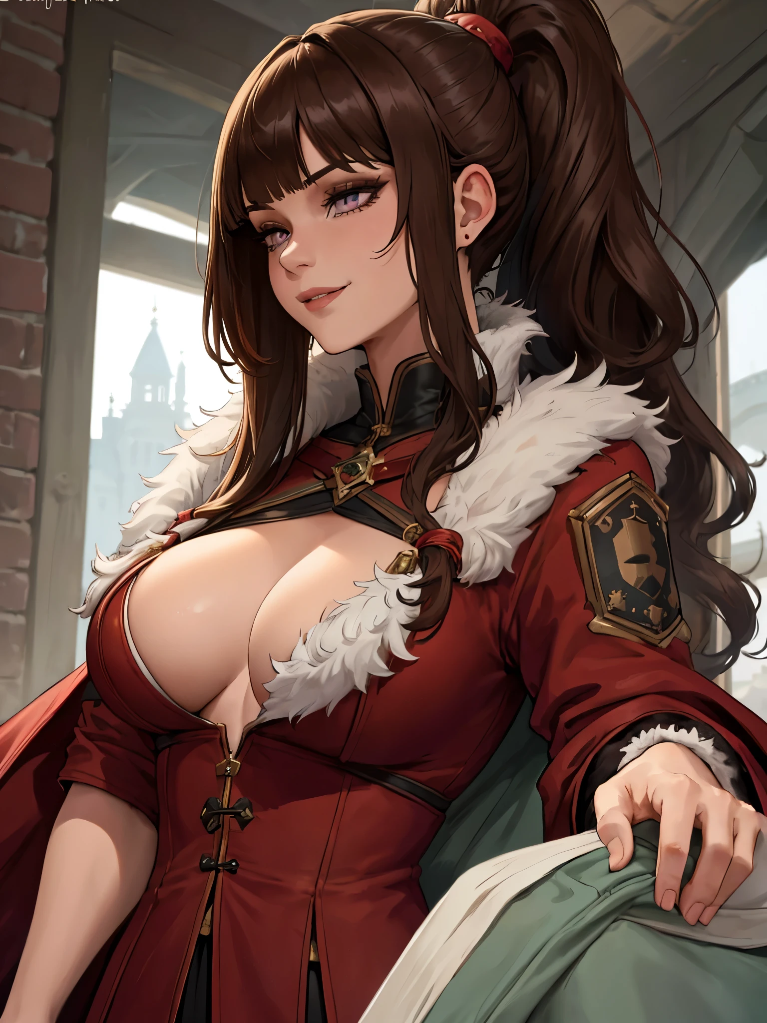 ((masterpiece)), ((best quality)), 1girl, adult, long hair, big bust, ((brown hair)), ((intimidant look)), ((close-up)), profile image, black and red clothes, sexy, dark colors, ((coat with fur)), ((wavy hair)), exposed skin, ((sexy pose)), good anatomy, ((dark sage clothes)), ((straight cut bangs)), emotionless, intimidant, ((beautiful eyes)), castle background, close up, ((detailed eyes)), ((detailed face)), hair bang, frontal look, relaxed, smile, queen, ponytail, violet eyes