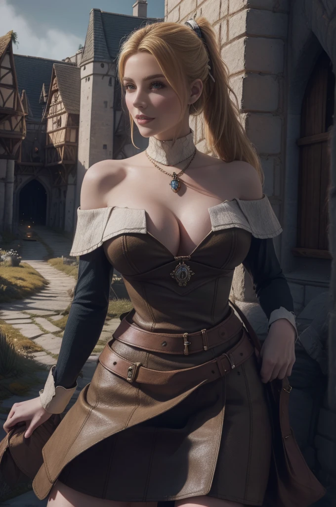 photorealistic,realistic, solo, photorealistic, best quality, ultra high res, 1girl,, sits , blonde hair in a ponytail, (big boobs), wearing a small short dress ( in Brown leather),off-shoulder,strapless, breeze blowing through the grass,, , 1girl, ((Middle Ages)), (((medieval fantasy))), ((viking)), beautiful, masterpiece, best quality, extremely detailed face, perfect lighting, 1girl, solo, (((sad))), , best quality, ultra high res, photorealistic,, ultra detailed,, masterpiece, best quality, , nancy1, large breasts, cleavage,