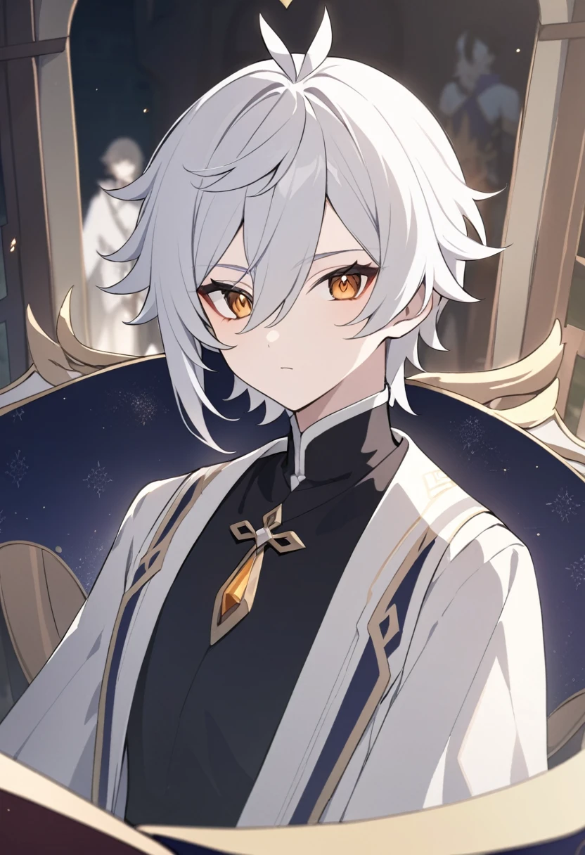 アニメ, uma mulher com white hair e um livro nas mãos, keqing do impacto genshin, cute androgynous prince, delicate androgynous prince, white hair deity, zhongli do impacto genshin, handsome guy in demon slayer art, genshin, photo of a male cleric, white hair, portrait of thancred, arte detalhada de personagem de アニメ