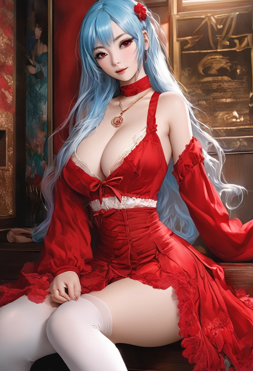 My name is Yukiko.I am a white test woman with long Sky blue hair,red eye color.I am 1.62 cm tall . My breasts measure 200 cm, my waist 40 cm and my hips 200 cm. Dresseddressed in red lingerie with garter belt . With big breasts 200 cm