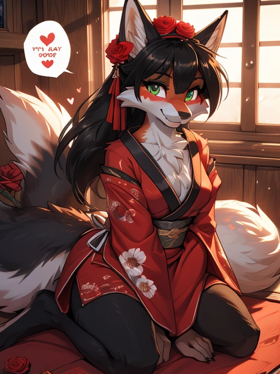 Anthro female red fox high definition good anatomy add_detail:1, red fur, kitsune ears, cute girl add_detail:1, indoors in bedroom add_detail:1, black colored japanese shrine costume with rose patterns on them add_detail:3, add_detail:1, full body, highly detailed face, deep green iris add_detail:1, wolf claws, sharp fangs add_detail:1, wild slut add_detail:1, on knees, blushing, looking up at viewer, friendly smile, smile, friendly, black hair, classic ponytail, face markings, face fur patterns black, speech bubble, heart, hearts, flower on head