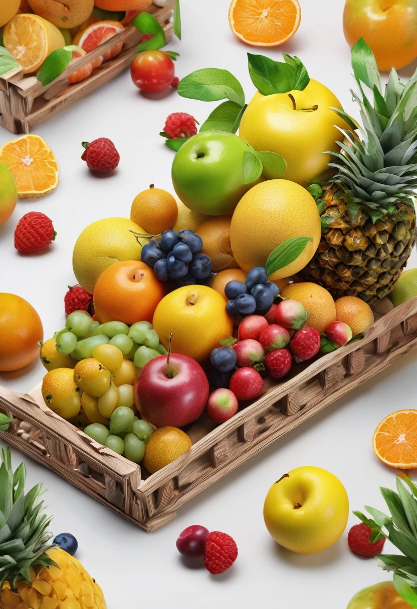 masterpiece, Highest quality, (Highly detailed CG unit 8k wallpaper) (Highest quality),Arrange all kinds of fruits from around the world neatly on a cart and take a photo of them from an oblique angle in the style of a product shoot.。
