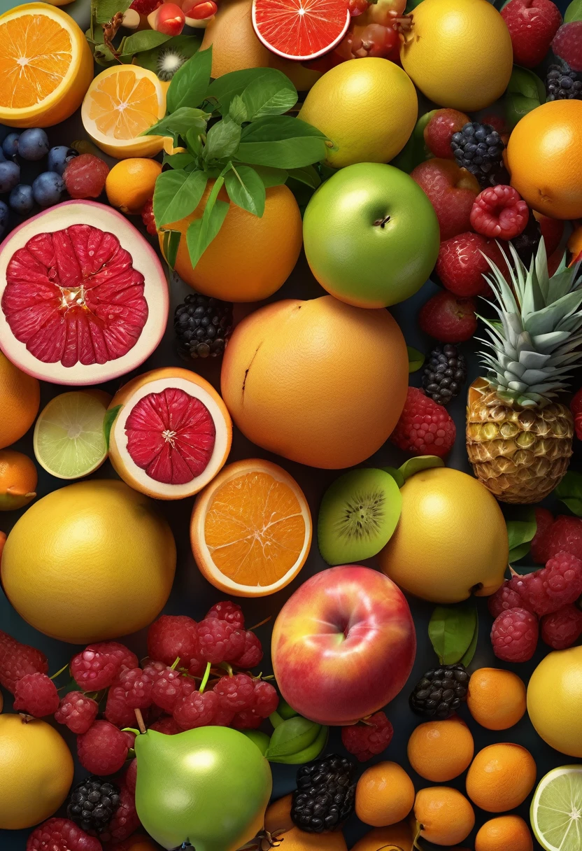 masterpiece, Highest quality, (Highly detailed CG unit 8k wallpaper) (Highest quality),Arrange all kinds of fruits from around the world neatly on a cart and take a photo of them from an oblique angle in the style of a product shoot.。