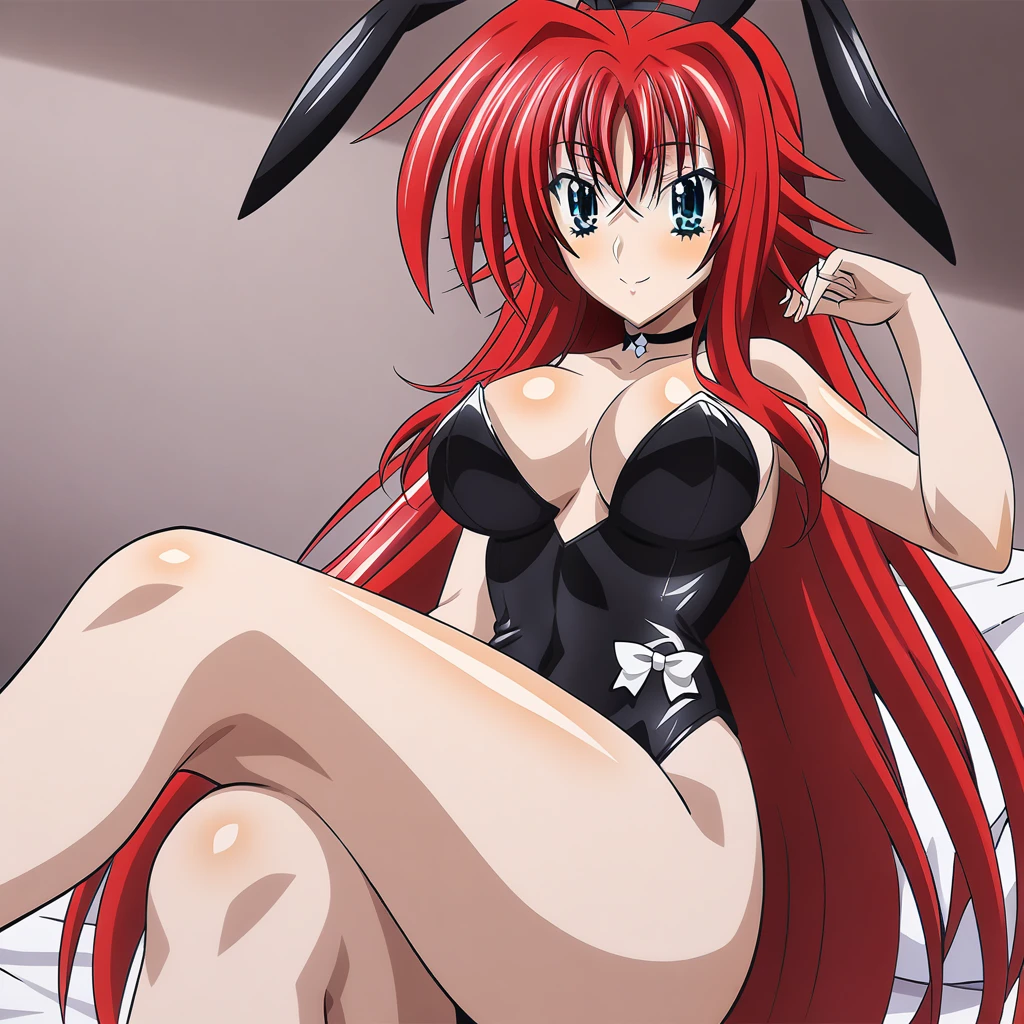 anime art style, 2d, masterpiece, best quality, very aesthetic, absurdres, dynamic shadows, atmosferic, (1girl), rias_gremory,, high_school_dxd, solo, red hair, antenna hair, long hair, blue eyes, detailed eyes, hair between eyes, bangs, medium breasts, curvy body, makeup, black leotard, bunny ears, black ears, fake ears, white bow on neck, choker, eyes up, sexy smile, (cowboy shot), (looking at viewer), sitting, crossed legs, bedroom, on bed, indoors
