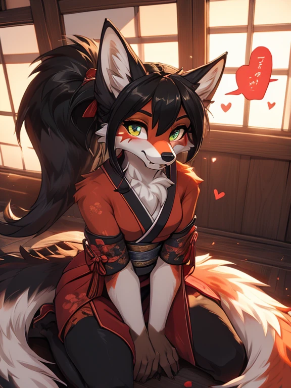 Anthro female red fox high definition good anatomy add_detail:1, red fur, kitsune ears, cute girl add_detail:1, indoors in bedroom add_detail:1, black colored japanese shrine costume with rose patterns on them add_detail:3, add_detail:1, full body, highly detailed face, deep green iris add_detail:1, wolf claws, sharp fangs add_detail:1, wild slut add_detail:1, on knees, blushing, looking up at viewer, friendly smile, smile, friendly, black hair, classic ponytail, face markings, face fur patterns black, speech bubble, heart, hearts, cool colors