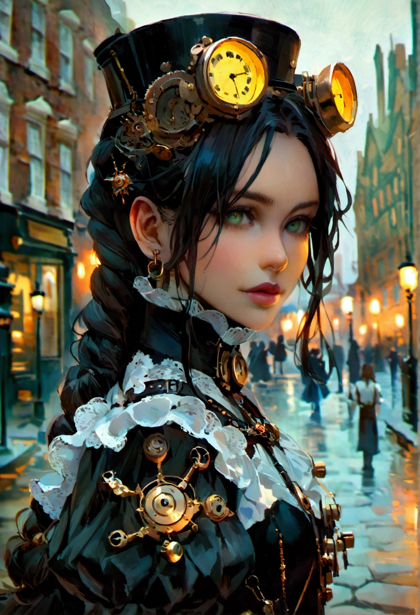
Amidst the hustle and bustle of a London filled with magnificent Victorian architecture mixed with steampunk-style advanced technology, stands an anime girl dressed in gothic attire. Her outfit consists of a long dress with an elaborate corset, adorned with metal accents and cogs, reflecting the typical steampunk elements. Her hair is long, perhaps braided or adorned with metal accessories, and her eyes radiate intelligence and courage. In the background, there are busy streets with steam trains passing by, gas lamps illuminating the fog-covered brick streets of London.

This image attempts to depict an anime setting with a steampunk background and gothic clothing style in the city of London.