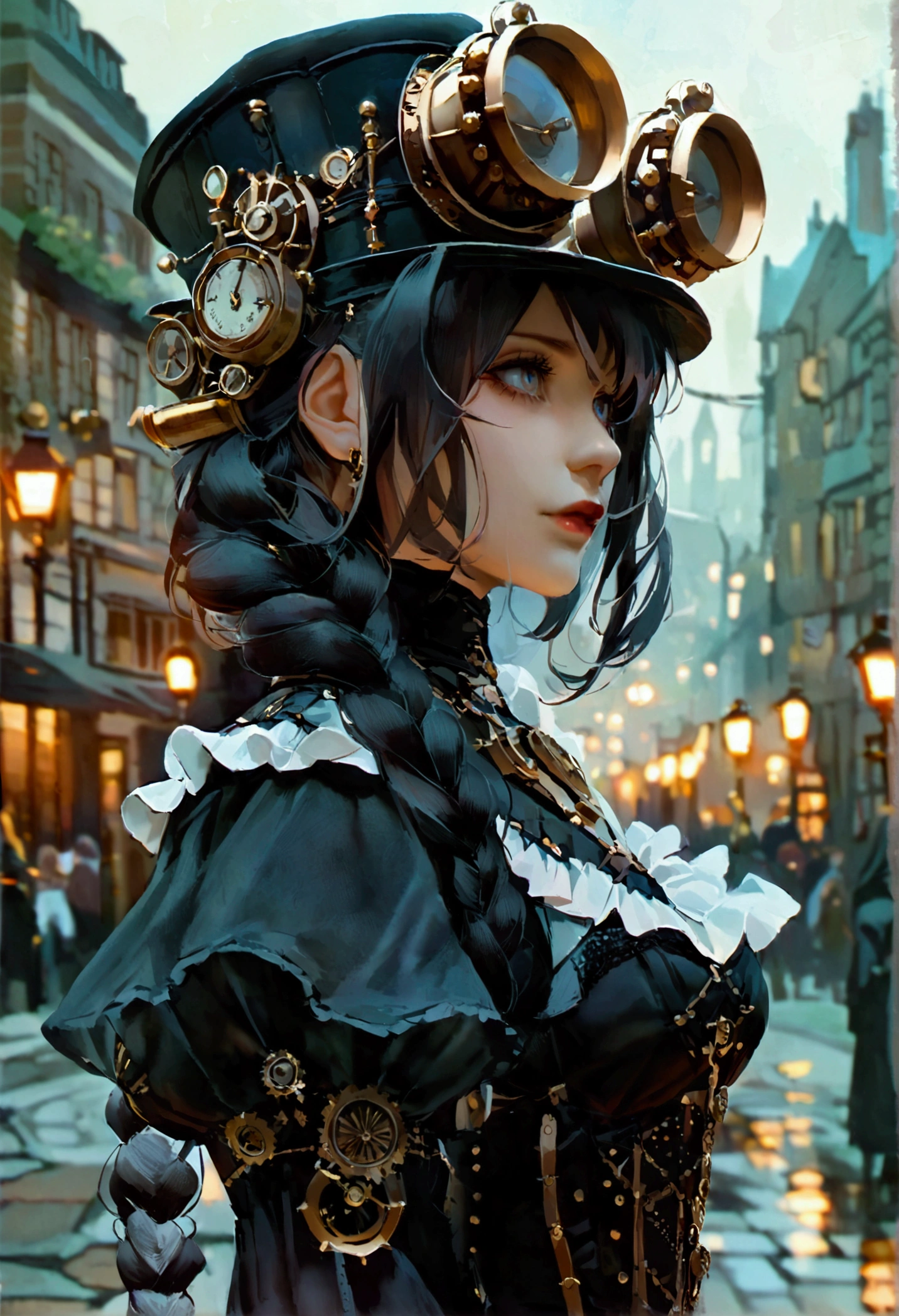 
Amidst the hustle and bustle of a London filled with magnificent Victorian architecture mixed with steampunk-style advanced technology, stands an anime girl dressed in gothic attire. Her outfit consists of a long dress with an elaborate corset, adorned with metal accents and cogs, reflecting the typical steampunk elements. Her hair is long, perhaps braided or adorned with metal accessories, and her eyes radiate intelligence and courage. In the background, there are busy streets with steam trains passing by, gas lamps illuminating the fog-covered brick streets of London.

This image attempts to depict an anime setting with a steampunk background and gothic clothing style in the city of London.