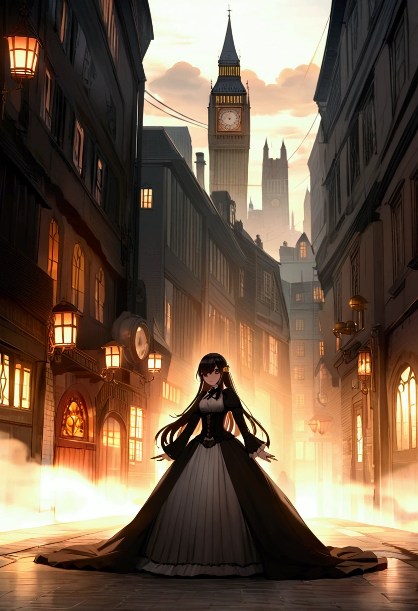 Amidst the hustle and bustle of a London filled with magnificent Victorian architecture mixed with steampunk-style advanced technology, stands an anime girl dressed in gothic attire. Her outfit consists of a long dress with an elaborate corset, adorned with metal accents and cogs, reflecting the typical steampunk elements. Her hair is long, perhaps braided or adorned with metal accessories, and her eyes radiate intelligence and courage. In the background, there are busy streets with steam trains passing by, gas lamps illuminating the fog-covered brick streets of London.
This image attempts to depict an anime setting with a steampunk background and gothic clothing style in the city of London.