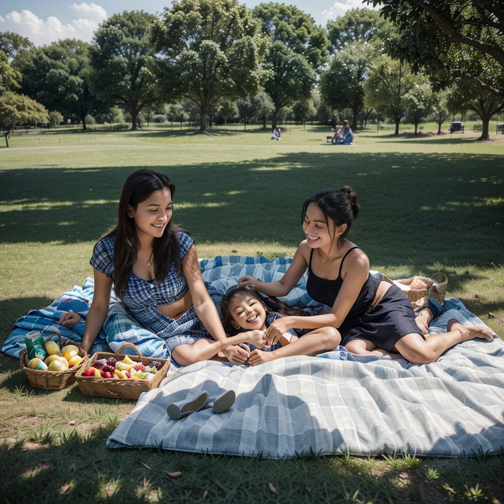 "Create a high-resolution, professional-quality image of a family enjoying an outdoor picnic in a scenic park. The scene should depict a diverse family with parents and children gathered on a large blanket, surrounded by trees and greenery. Include a variety of picnic items such as a wicker basket, sandwiches, fruits, drinks, and a checkered blanket. The family members should be engaged in various activities: kids playing with a ball or flying a kite, parents laughing and sharing food, and perhaps a dog lounging nearby. The background should show a wide, open grassy area with people walking, cycling, and enjoying the outdoors. The lighting should be warm and natural, suggesting a sunny afternoon. Ensure the image captures the joy, relaxation, and togetherness of the family outing, making it ideal for themes related to family, leisure, and outdoor activities on stock photography platforms."