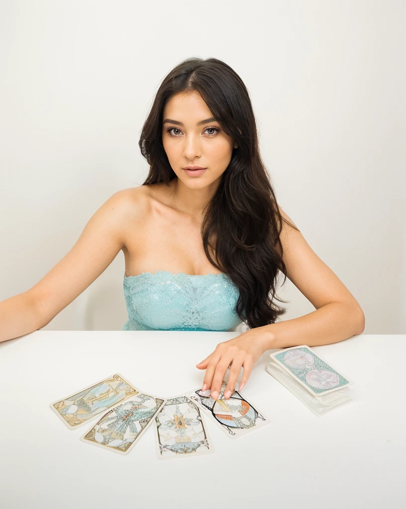 A woman 35 years old that is a tarot reader. She has captivating eyes, beautifully detailed lips, long eyelashes, and a mystical aura. Her face and features are extremely detailed, highlighted by soft lighting. She wears intricately ornate clothing, and behind her is a plain white wall. Ensure the image is of the highest quality, with ultra-detailed, realistic, and photorealistic elements, rendered in 4k and 8k resolution. White lights and empty wall behind her. She is holding a deck of tarot cards in both hands. vignette, highly detailed, high budget, bokeh, epic, gorgeous, aperture f/1.6, ISO 32, shutter speed of 1/1224s, photorealistic. Film grainy.