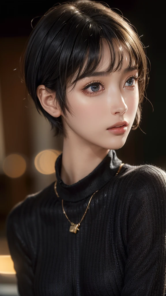 (masterpiece:1.3), (8k, photorealistic, RAW photo, best quality: 1.4), (1girl), beautiful face, (realistic face), (black hair, short hair:1.3), beautiful hairstyle, realistic eyes, beautiful detailed eyes, (realistic skin), beautiful skin, (sweater), absurdres, attractive, ultra high res, ultra realistic, highly detailed, golden ratio